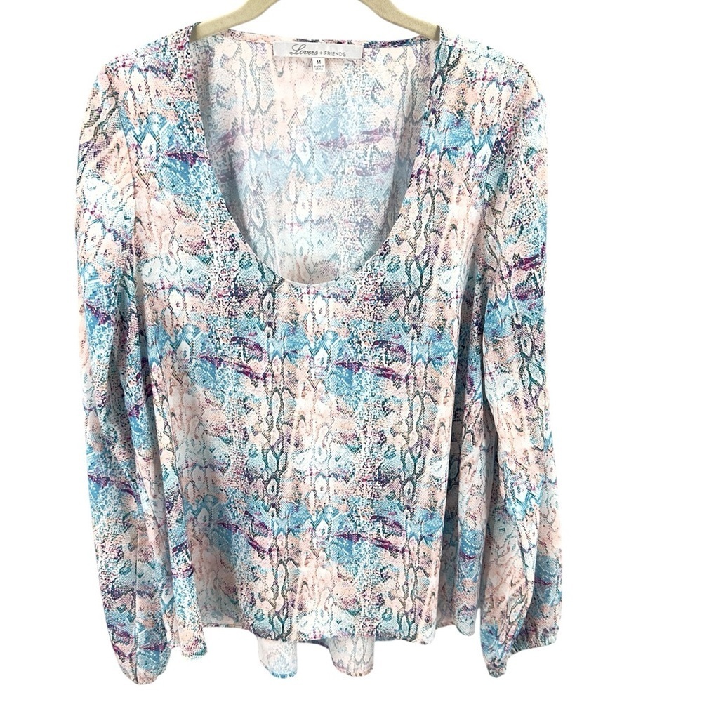 Lovers + Friends Blouse Top Womens Medium Pastel Python Fairy Whimsy Boho Silky